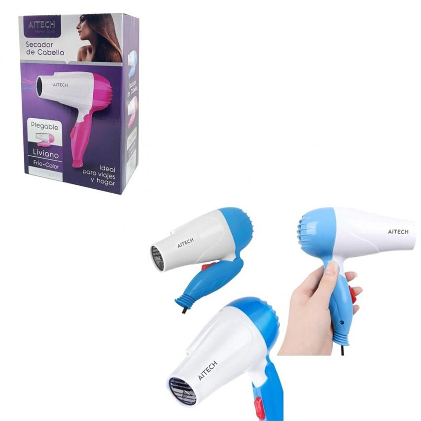 SECADOR DE CABELLO AITECH PLEGABLE PORTÁTIL FRÍO CALOR 220V CELESTE