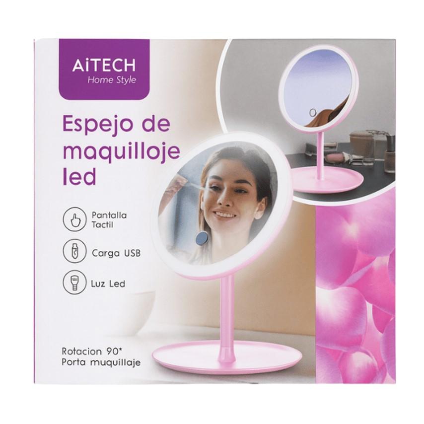 ESPEJO DE MAQUILLAJE AITECH LUCES LED CON BASE 3 TONOS BLANCO